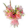 Авторский букет с розовыми розами, георгинами и гладиолусами «Дыхание юности»